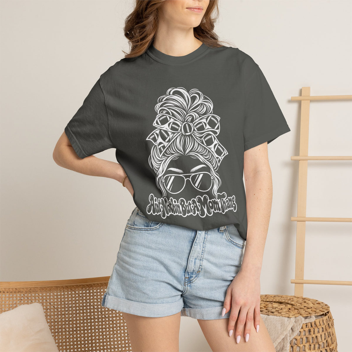 Aint Nothin But A Mom Thang Messy Bun Sunglasses T-Shirt — Football Headband Graphic Tee