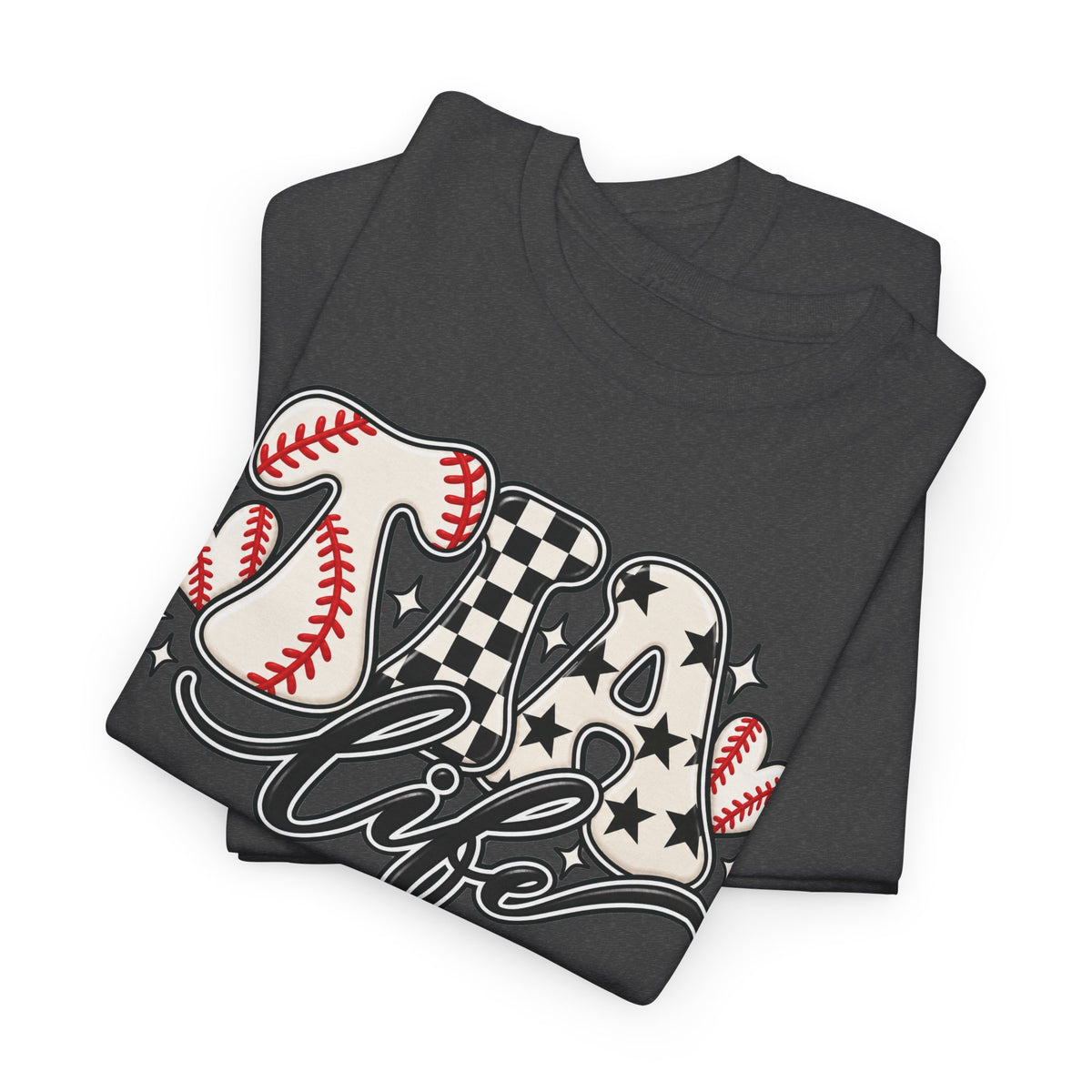 Baseball Life T-Shirt — Retro Heart & Checkerboard Softball Design