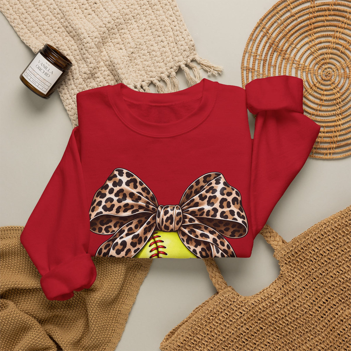 Softball Crewneck Sweatshirt with Leopard Bow Graphic