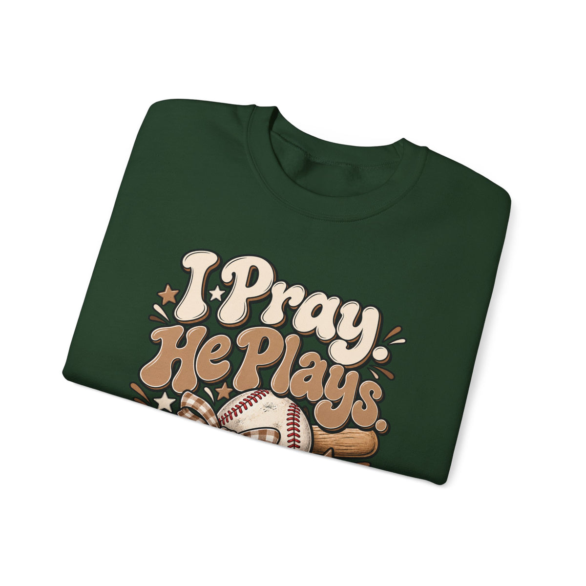 Prayerful Baseball Crewneck Sweatshirt — “I Pray, He Plays, God Leads”