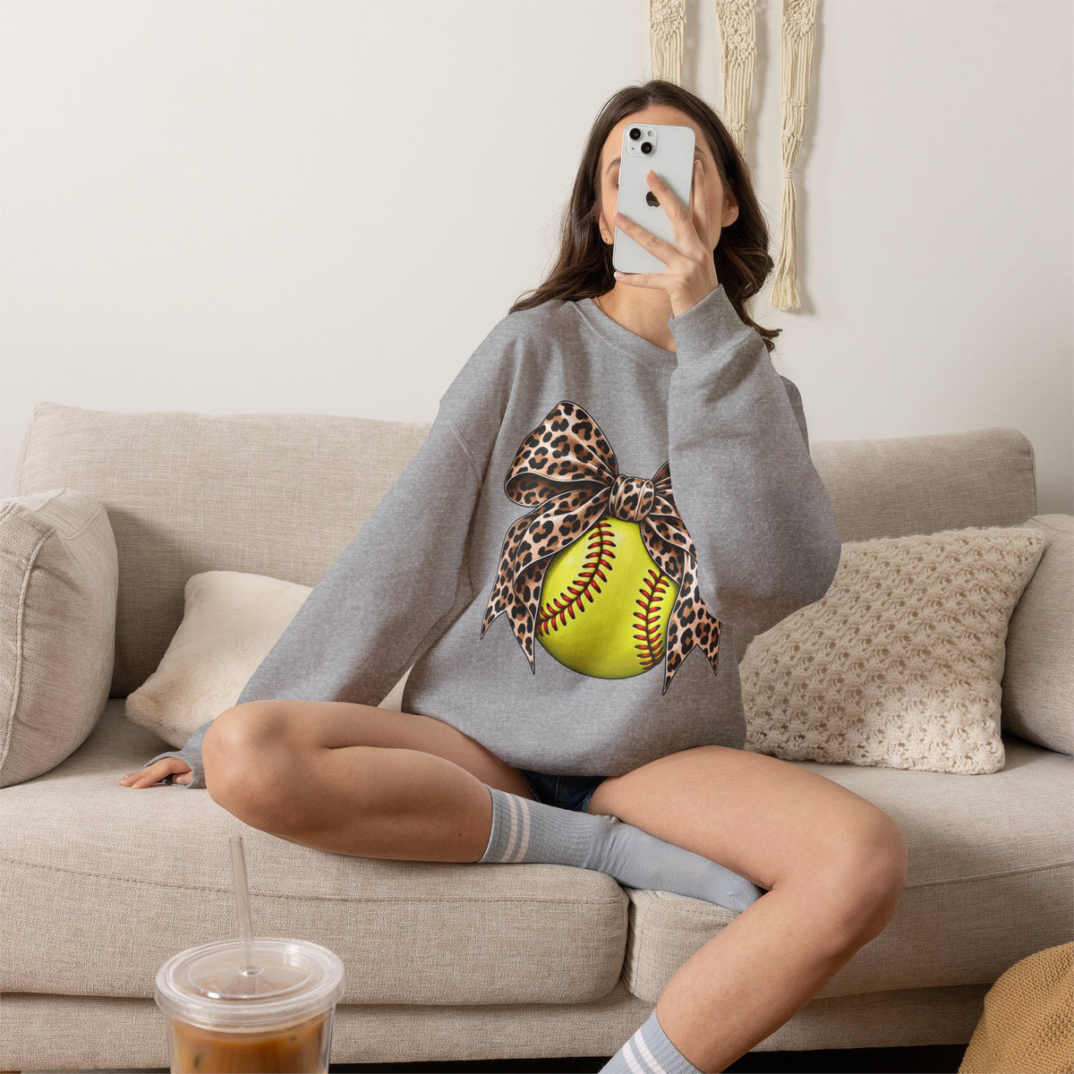 Softball Crewneck Sweatshirt with Leopard Bow Graphic