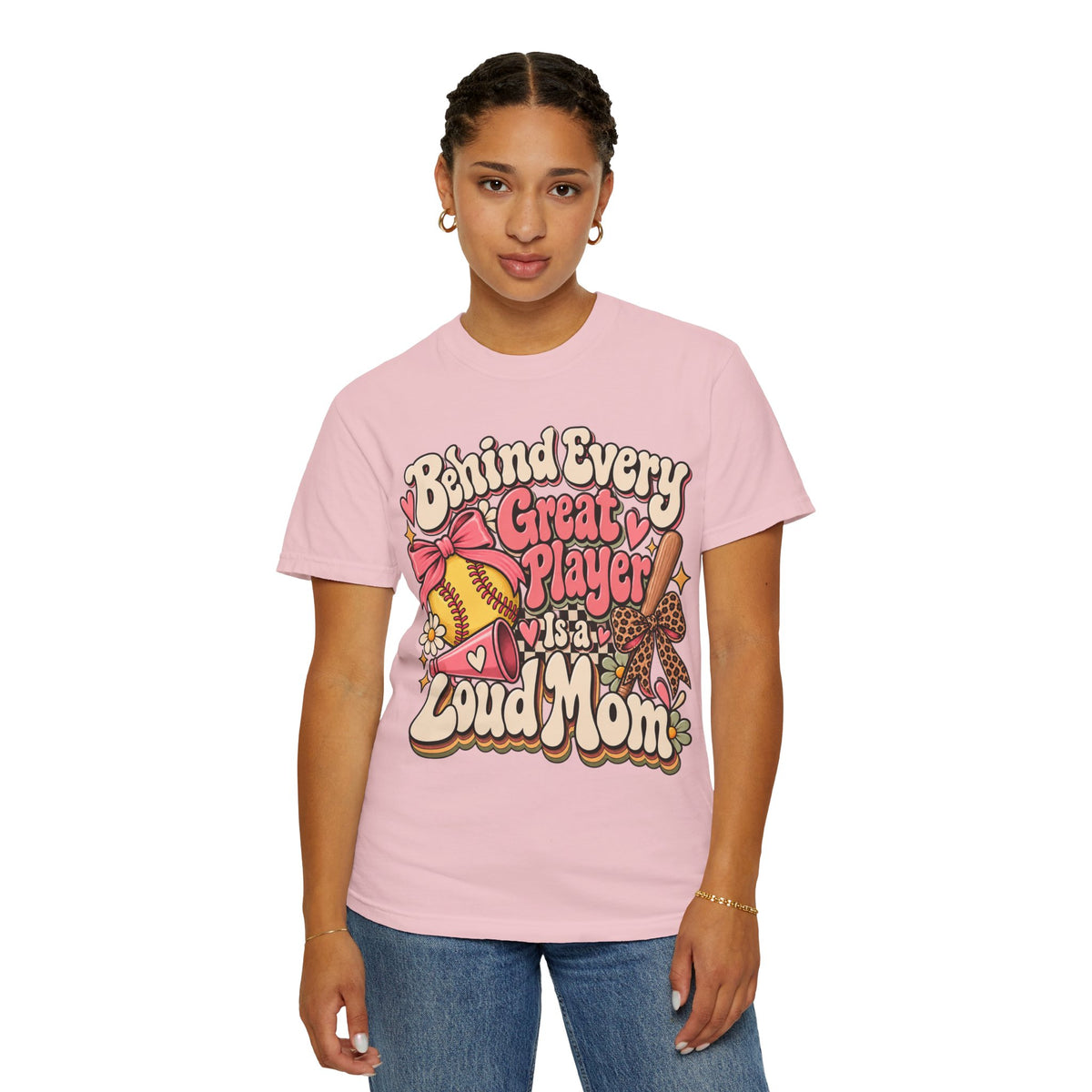 Softball Mom T-Shirt — "Behind Every Great Player Is a Proud Mom" Vintage Floral Design