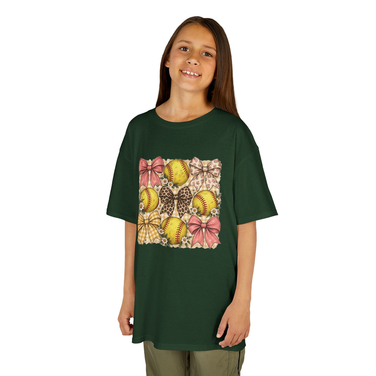 Kids Softball Pattern Tee — Leopard Bows & Ribbons Sports Shirt