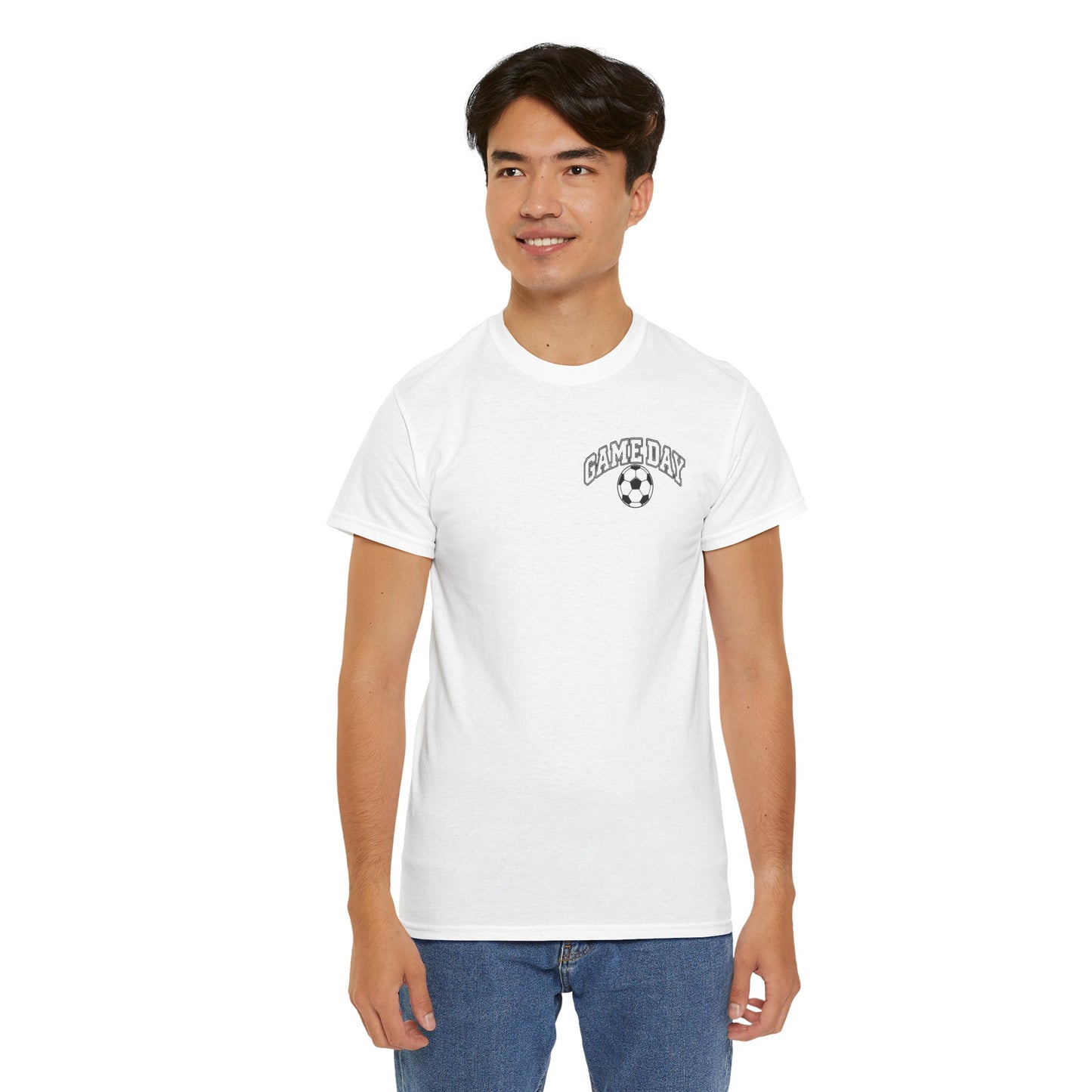 Soccer Dad T-Shirt — 'DAD' Arch with Soccer Ball Chest Graphic