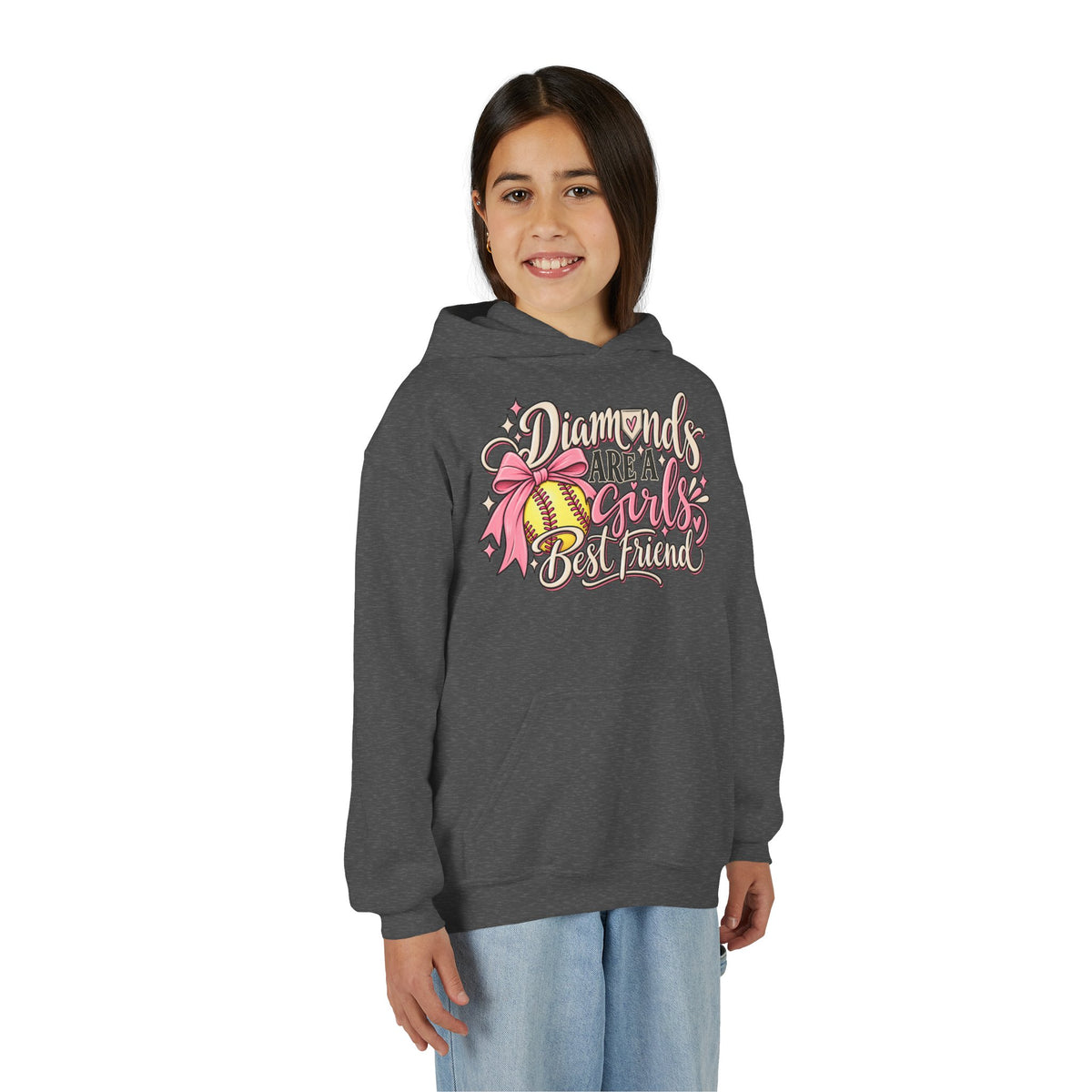 Youth Hoodie - "Diamonds Are A Girl's Best Friend" Softball Design (Pink Ribbon)