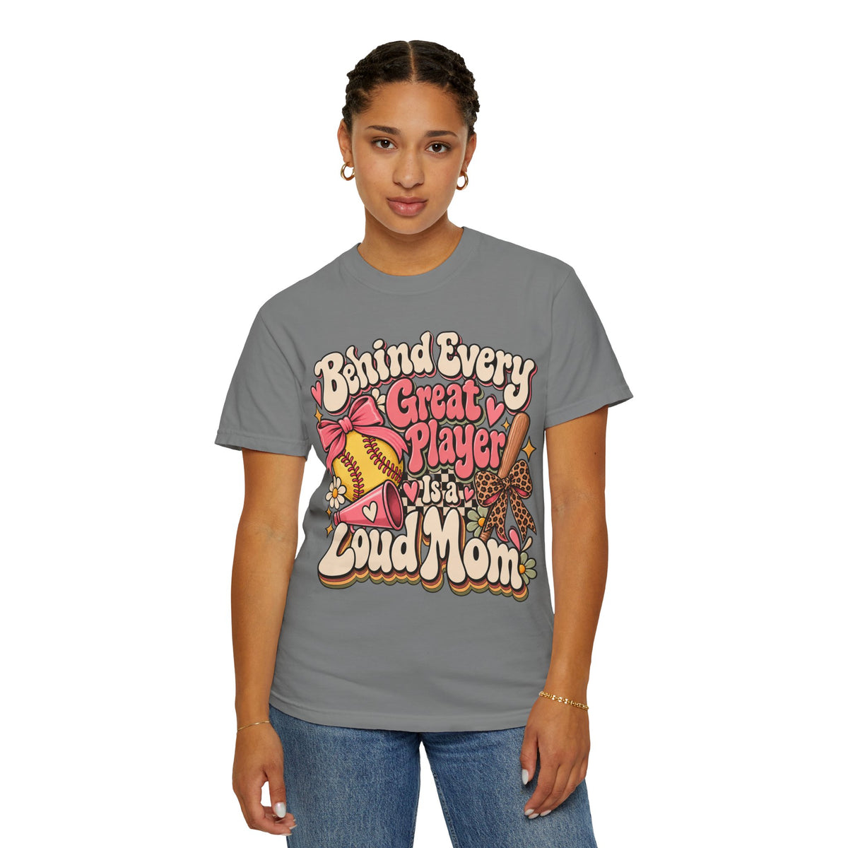 Softball Mom T-Shirt — "Behind Every Great Player Is a Proud Mom" Vintage Floral Design