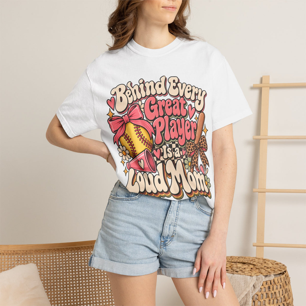 Softball Mom T-Shirt — "Behind Every Great Player Is a Proud Mom" Vintage Floral Design