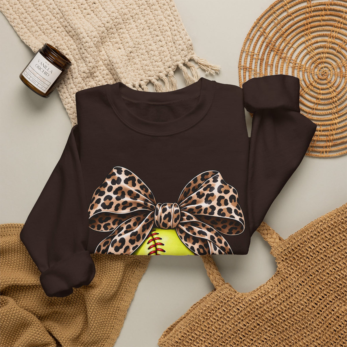 Softball Crewneck Sweatshirt with Leopard Bow Graphic