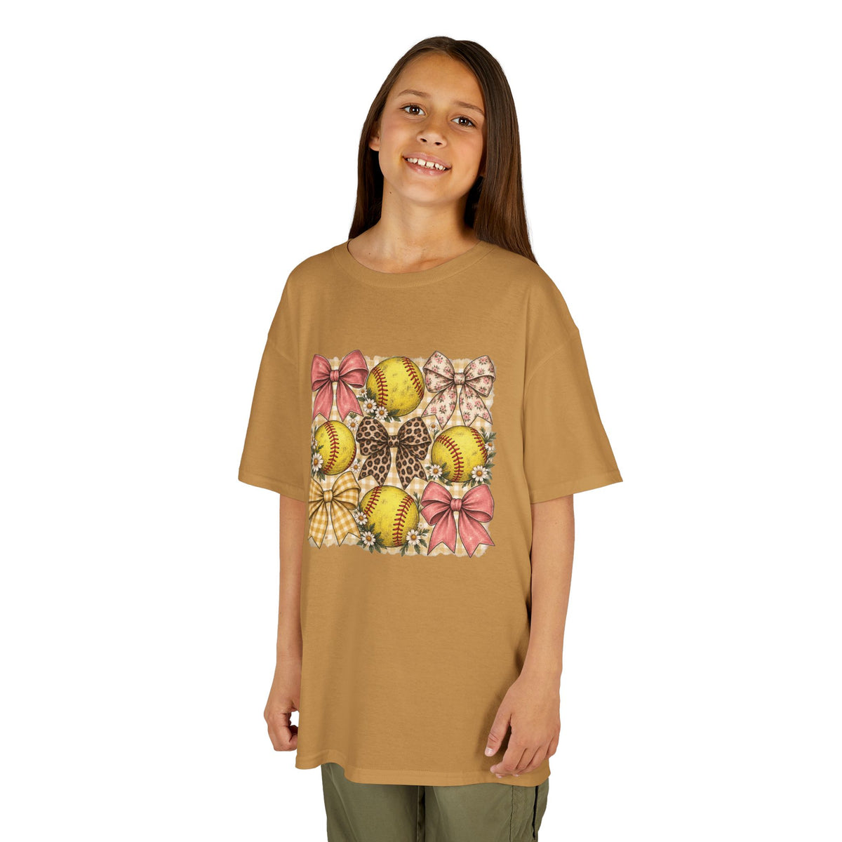 Kids Softball Pattern Tee — Leopard Bows & Ribbons Sports Shirt