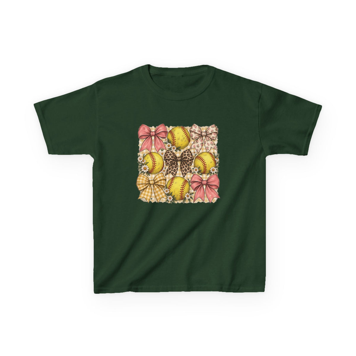 Kids Softball Pattern Tee — Leopard Bows & Ribbons Sports Shirt