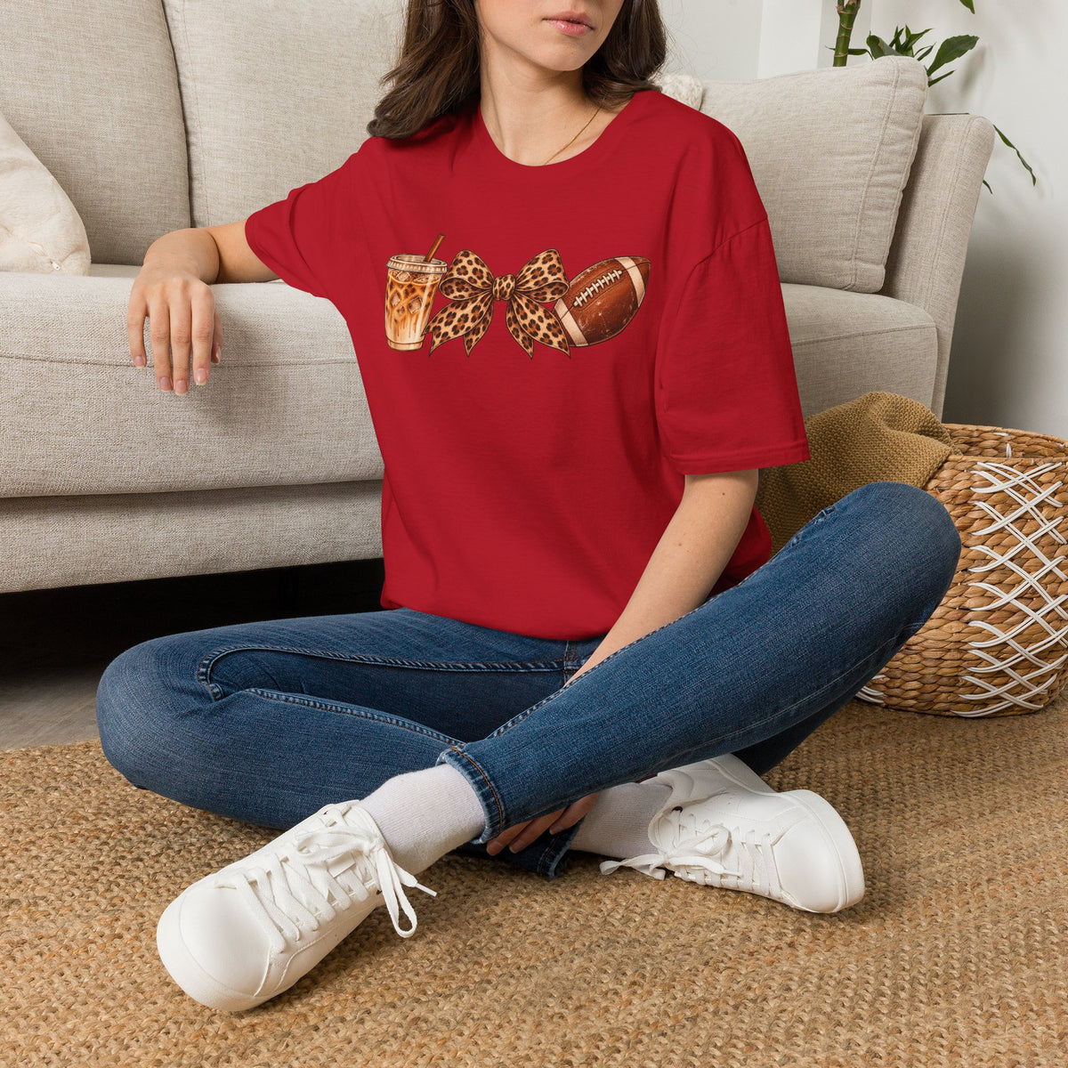 Iced Coffee, Leopard Bow & Football Graphic Tee — Game Day Mom Shirt