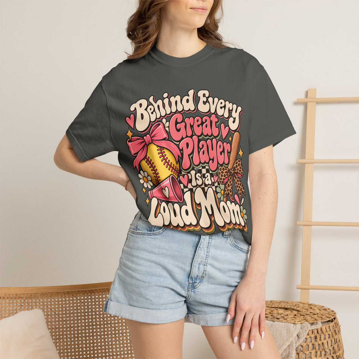 Softball Mom T-Shirt — "Behind Every Great Player Is a Proud Mom" Vintage Floral Design