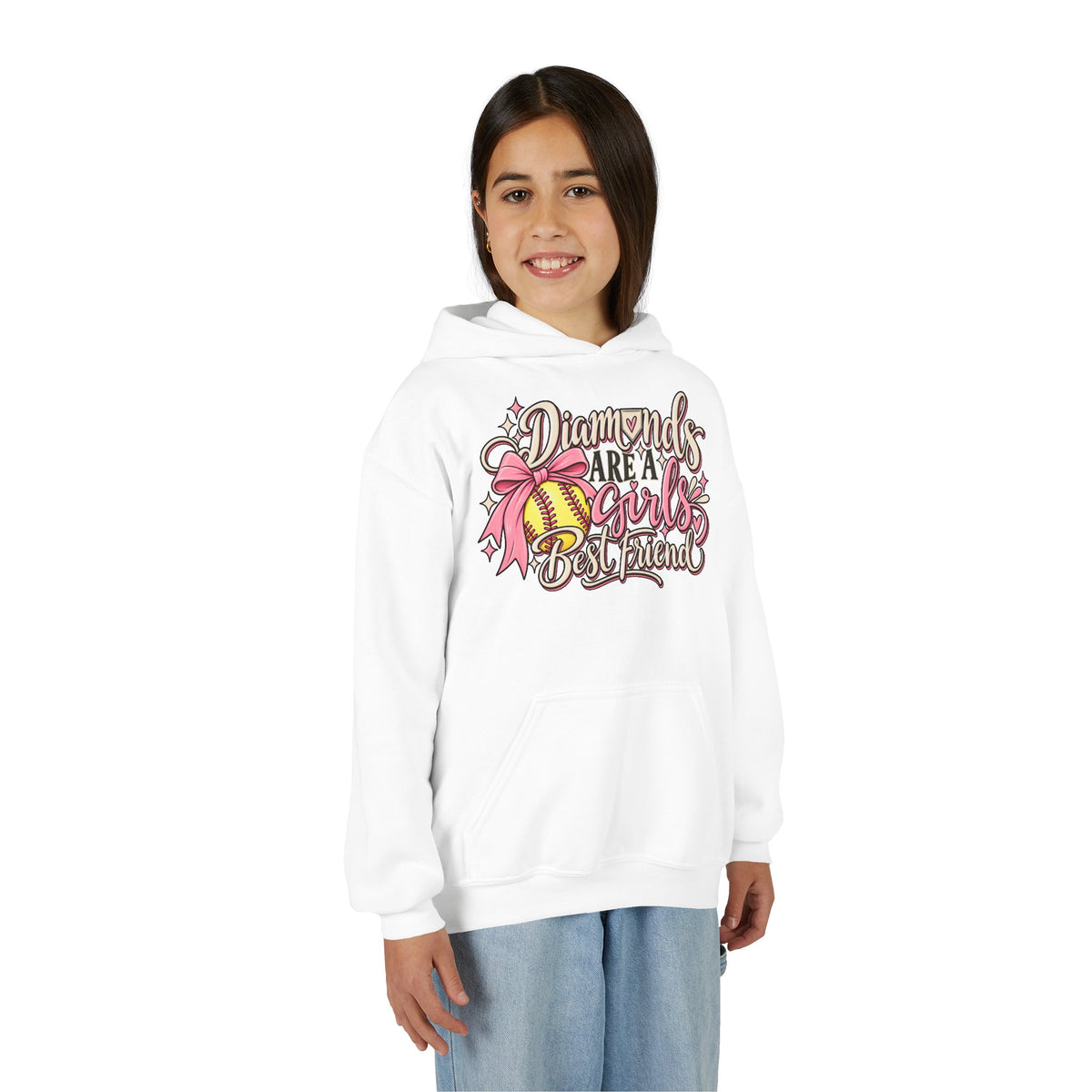 Youth Hoodie - "Diamonds Are A Girl's Best Friend" Softball Design (Pink Ribbon)