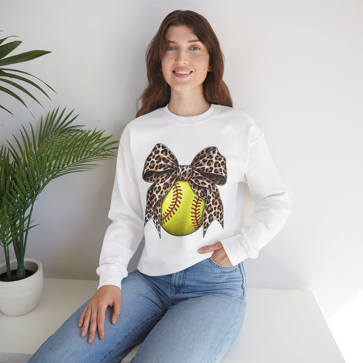 Softball Crewneck Sweatshirt with Leopard Bow Graphic