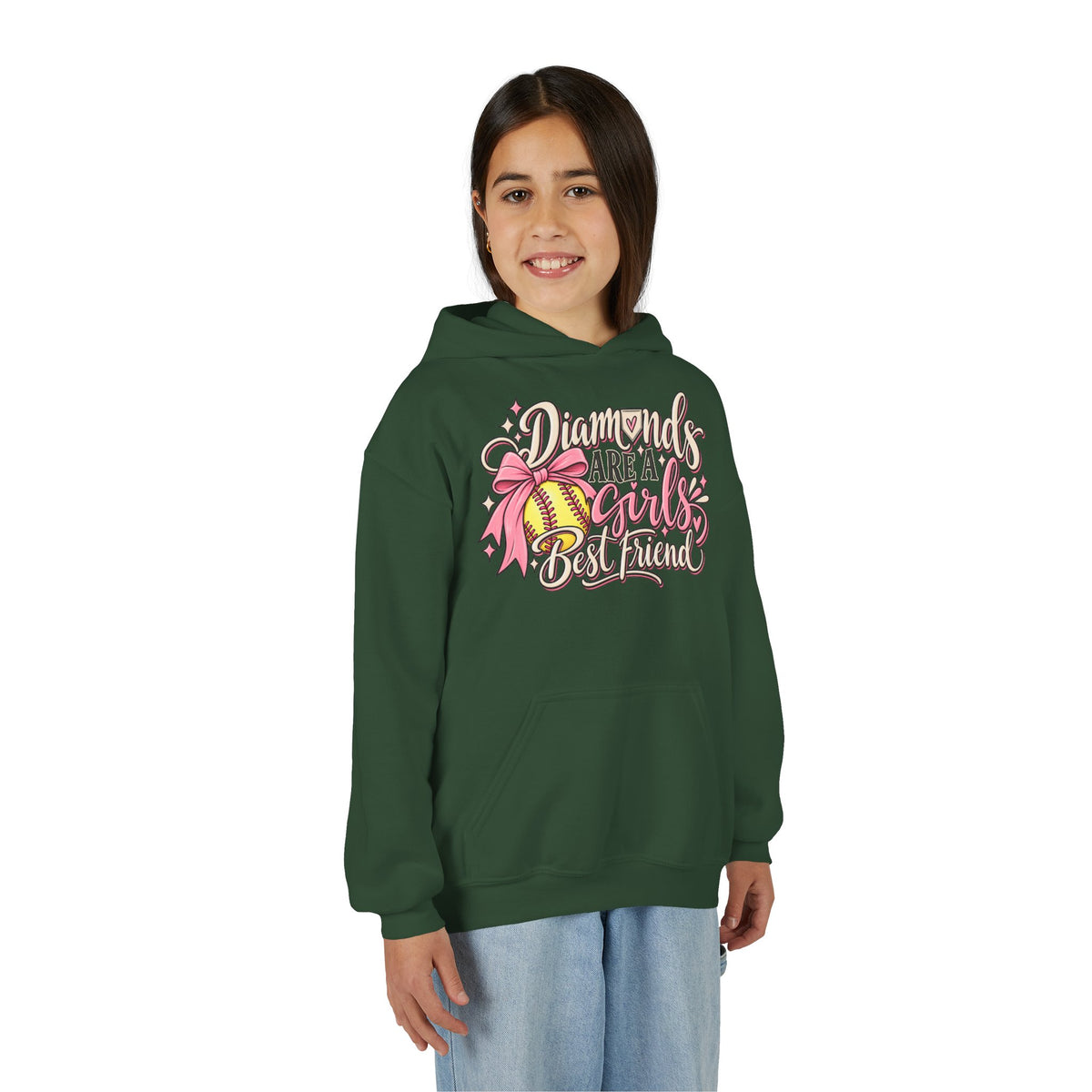 Youth Hoodie - "Diamonds Are A Girl's Best Friend" Softball Design (Pink Ribbon)