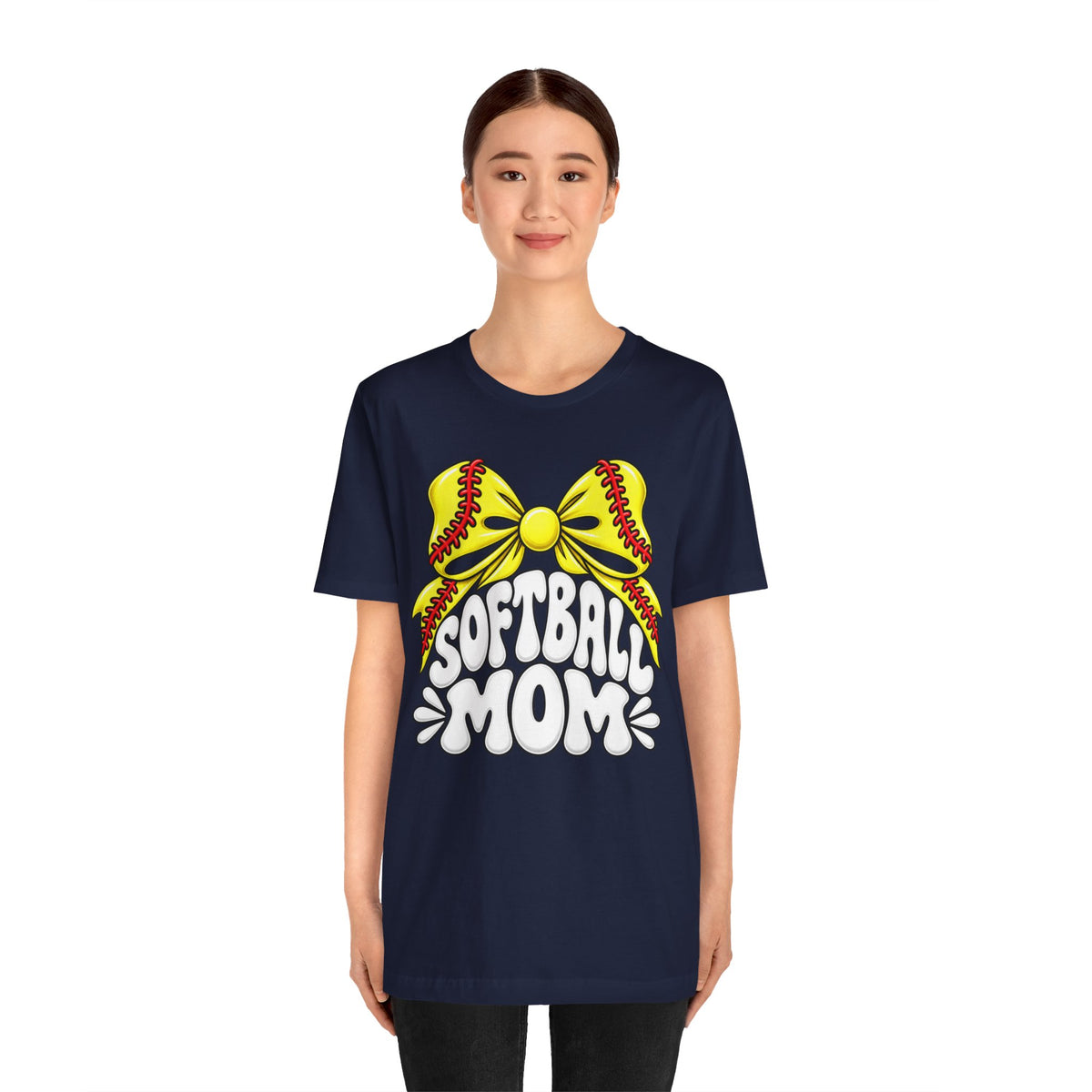 Softball Mom T-Shirt — Yellow Softball Bow Graphic Tee