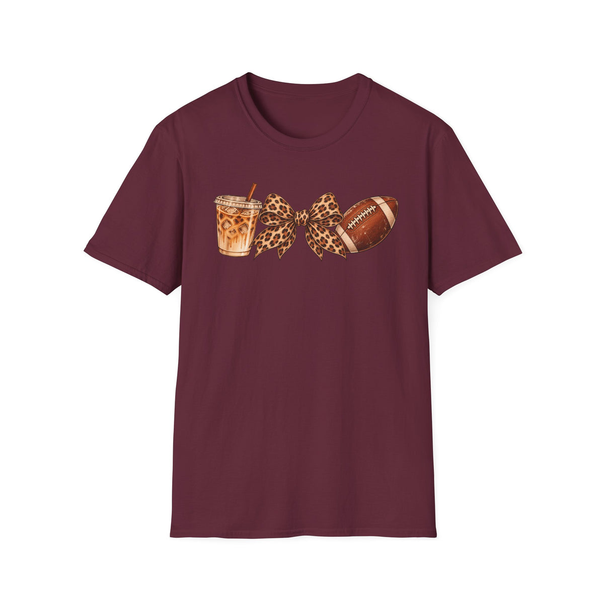 Iced Coffee, Leopard Bow & Football Graphic Tee — Game Day Mom Shirt