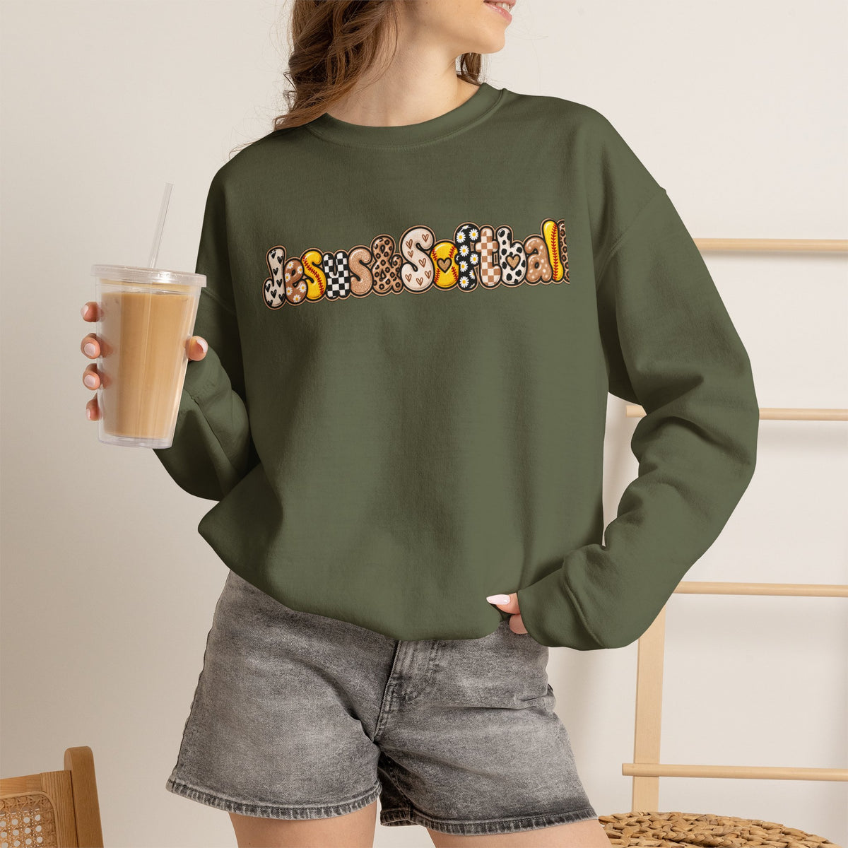 Jesus and Softball Cutsey Design Crewneck Sweatshirt