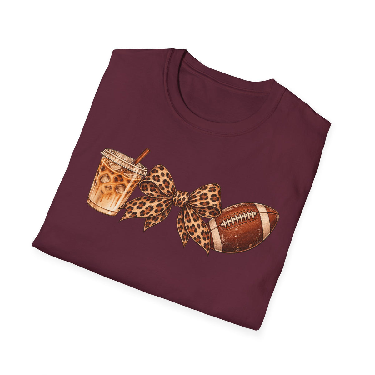 Iced Coffee, Leopard Bow & Football Graphic Tee — Game Day Mom Shirt