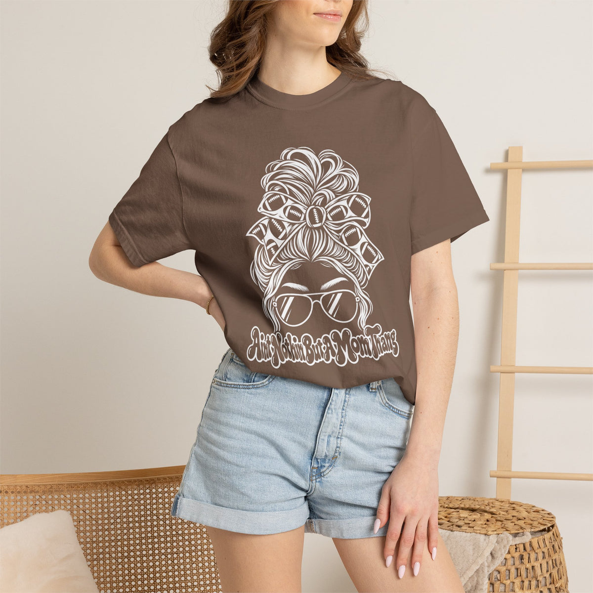 Aint Nothin But A Mom Thang Messy Bun Sunglasses T-Shirt — Football Headband Graphic Tee