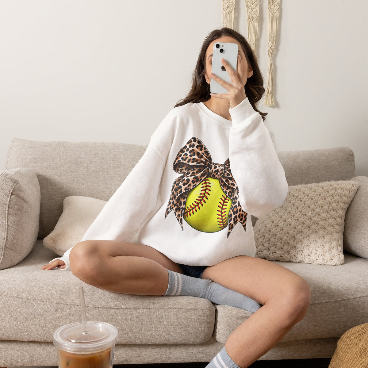 Softball Crewneck Sweatshirt with Leopard Bow Graphic