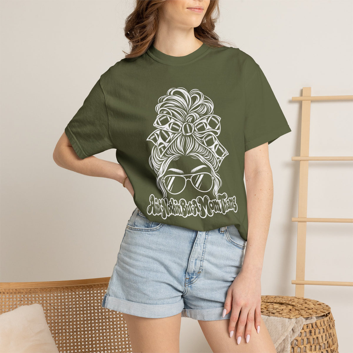 Aint Nothin But A Mom Thang Messy Bun Sunglasses T-Shirt — Football Headband Graphic Tee