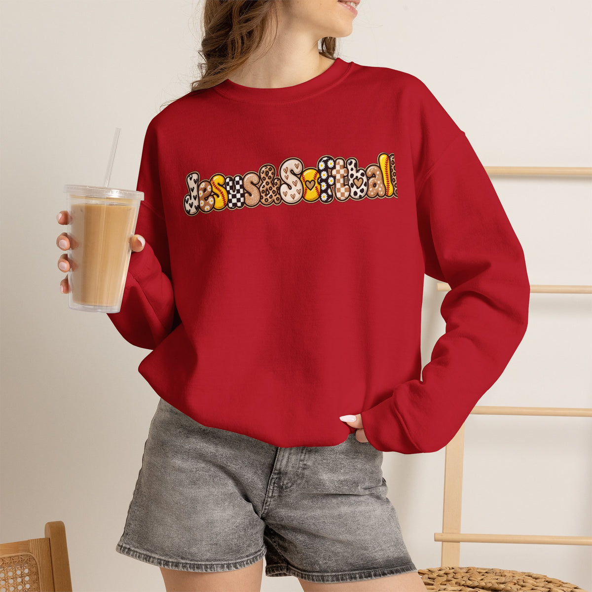 Jesus and Softball Cutsey Design Crewneck Sweatshirt