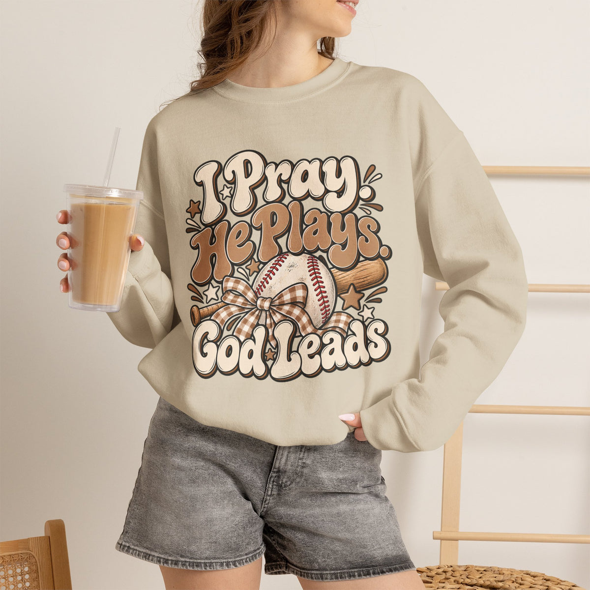 Prayerful Baseball Crewneck Sweatshirt — “I Pray, He Plays, God Leads”
