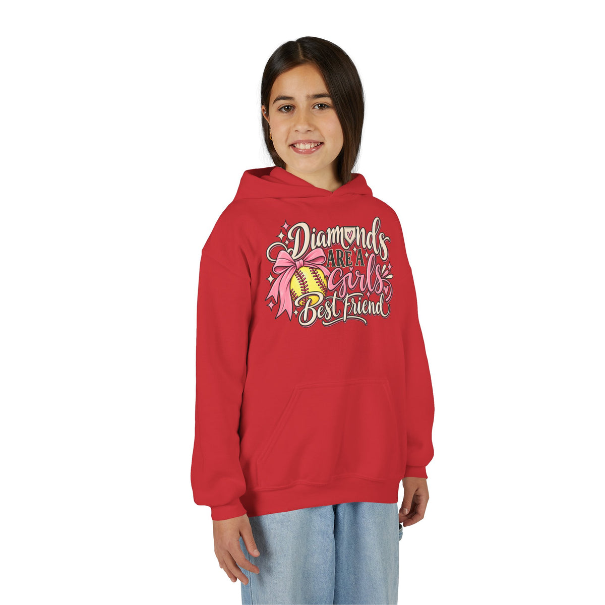 Youth Hoodie - "Diamonds Are A Girl's Best Friend" Softball Design (Pink Ribbon)