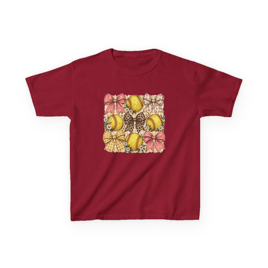 Kids Softball Pattern Tee — Leopard Bows & Ribbons Sports Shirt