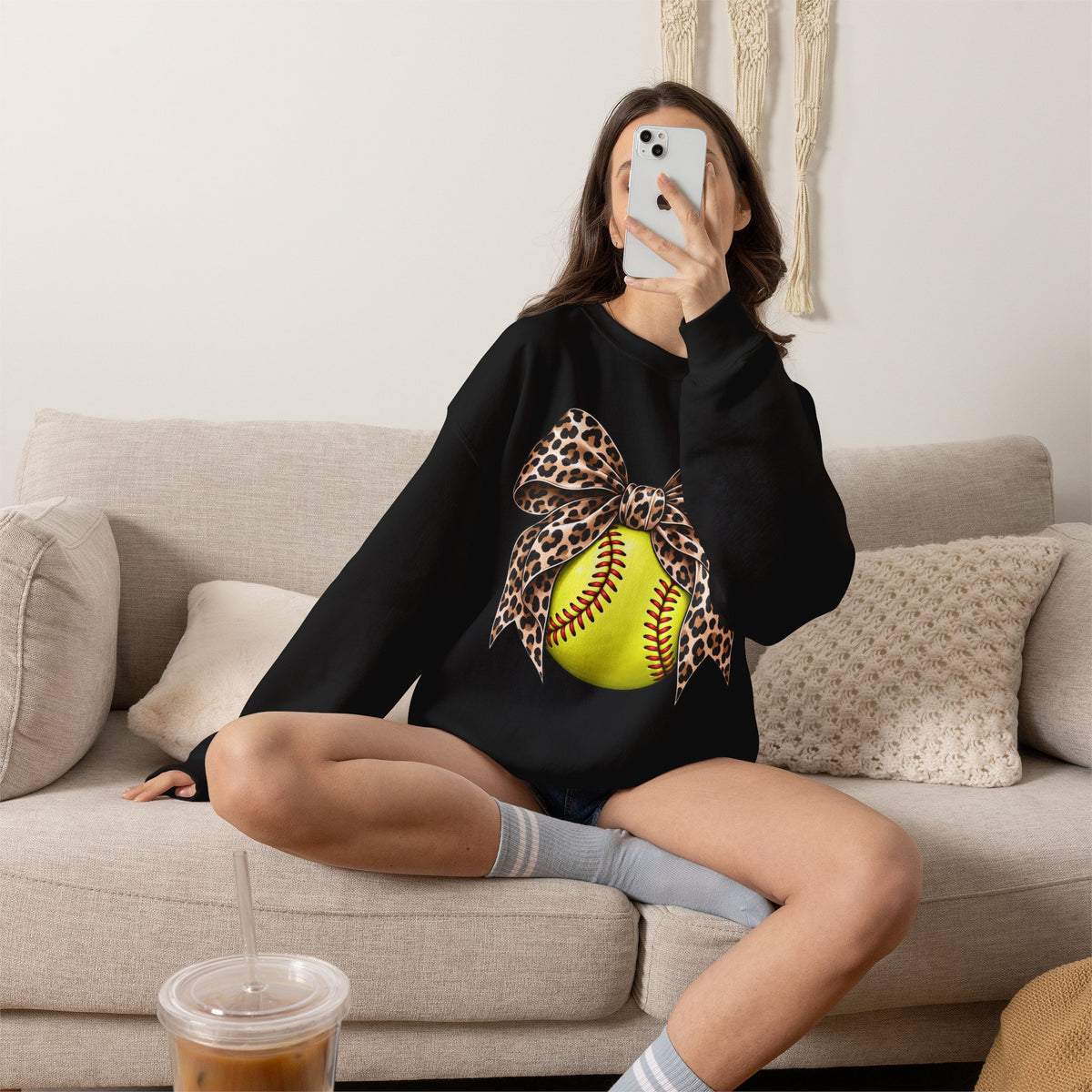 Softball Crewneck Sweatshirt with Leopard Bow Graphic