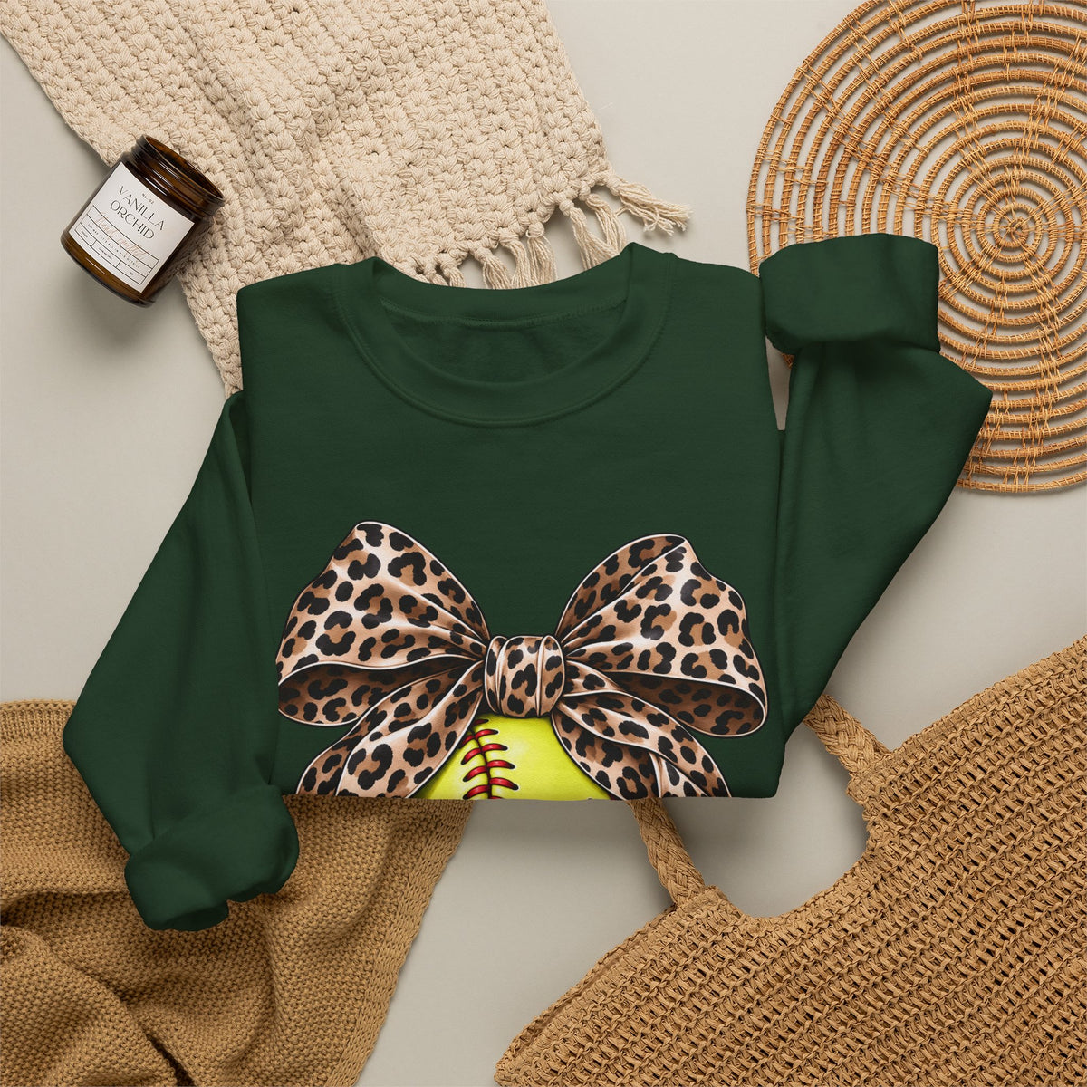 Softball Crewneck Sweatshirt with Leopard Bow Graphic