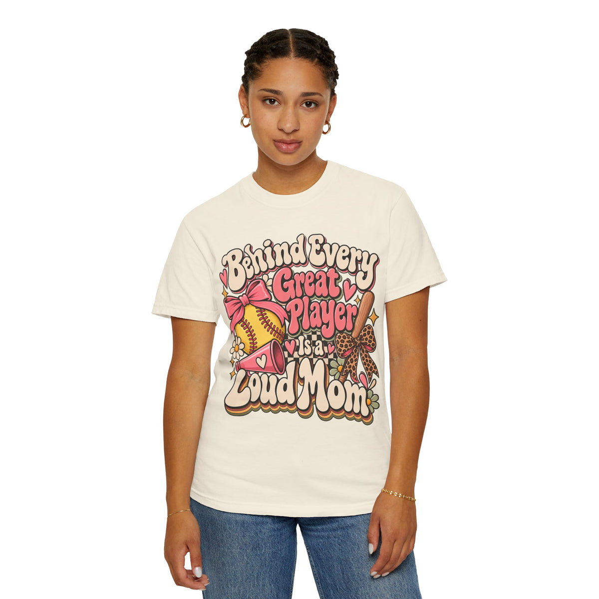 Softball Mom T-Shirt — "Behind Every Great Player Is a Proud Mom" Vintage Floral Design