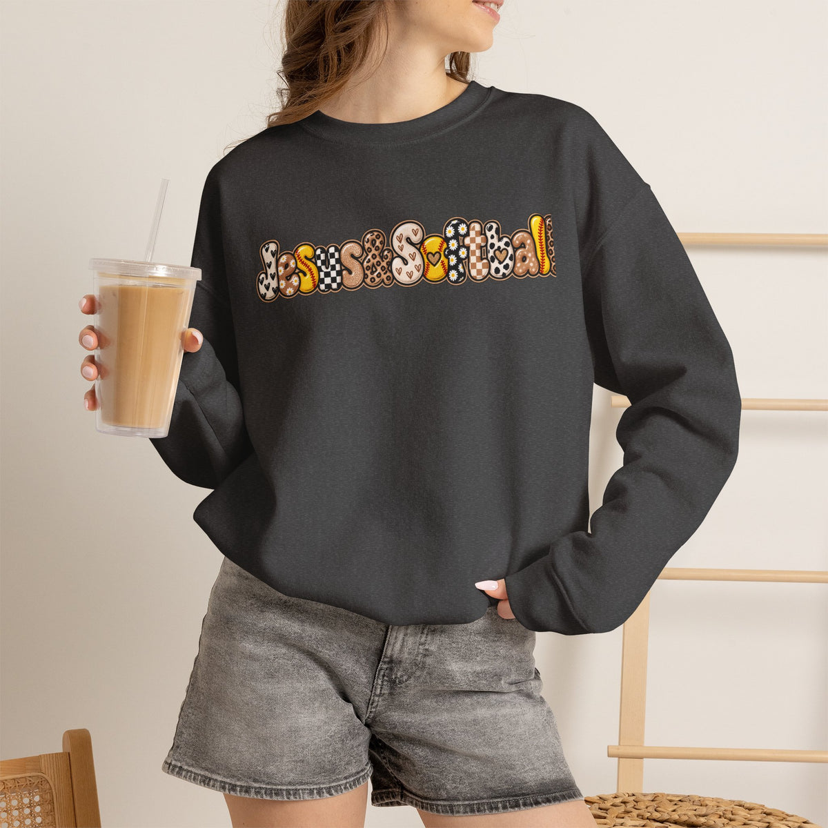 Jesus and Softball Cutsey Design Crewneck Sweatshirt