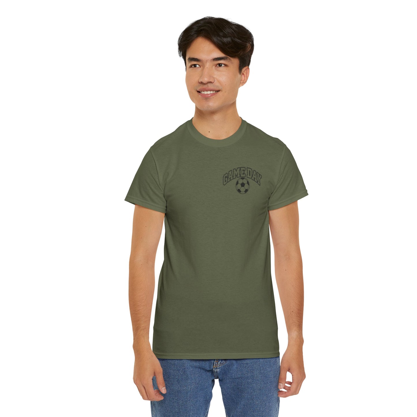 Soccer Dad T-Shirt — 'DAD' Arch with Soccer Ball Chest Graphic