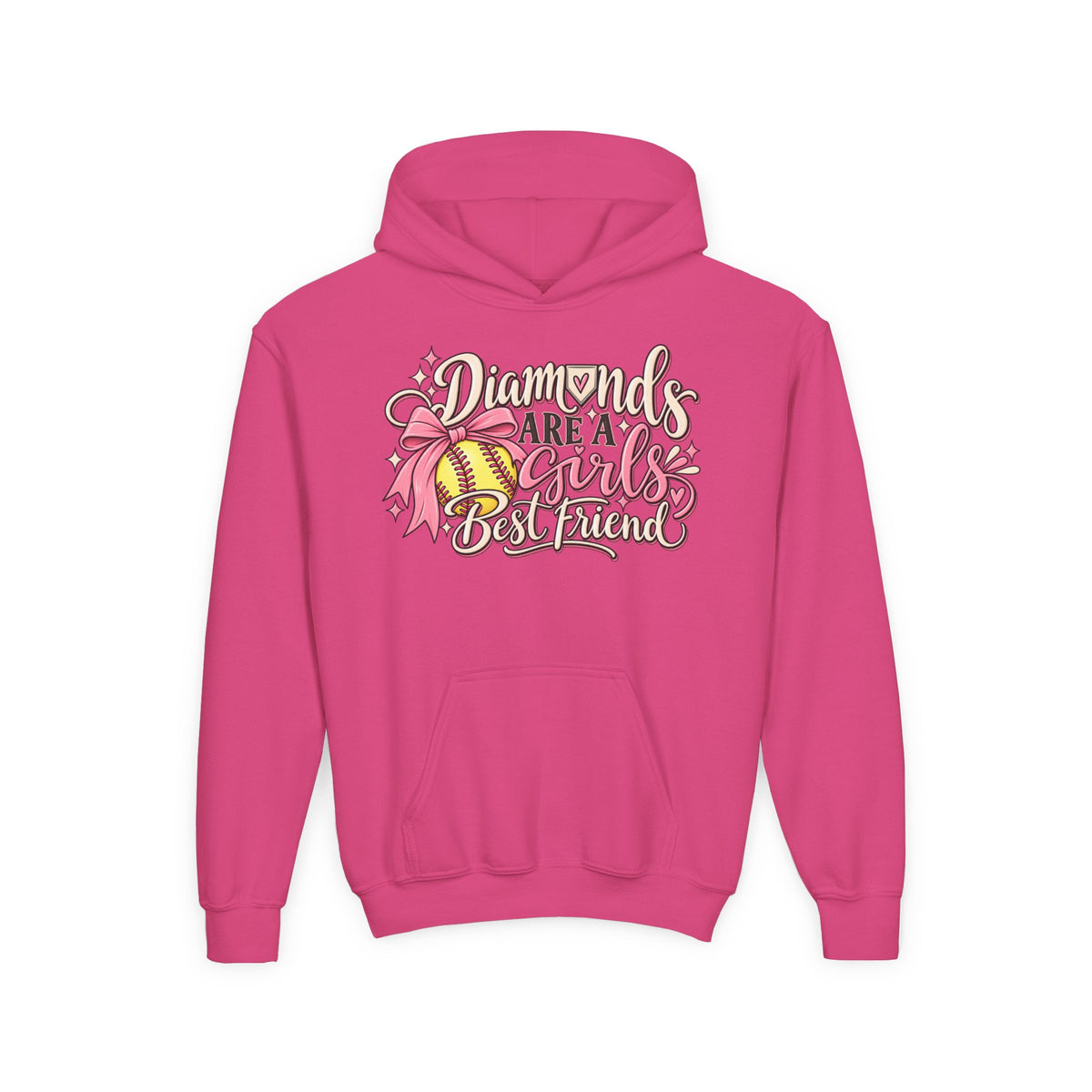 Youth Hoodie - "Diamonds Are A Girl's Best Friend" Softball Design (Pink Ribbon)