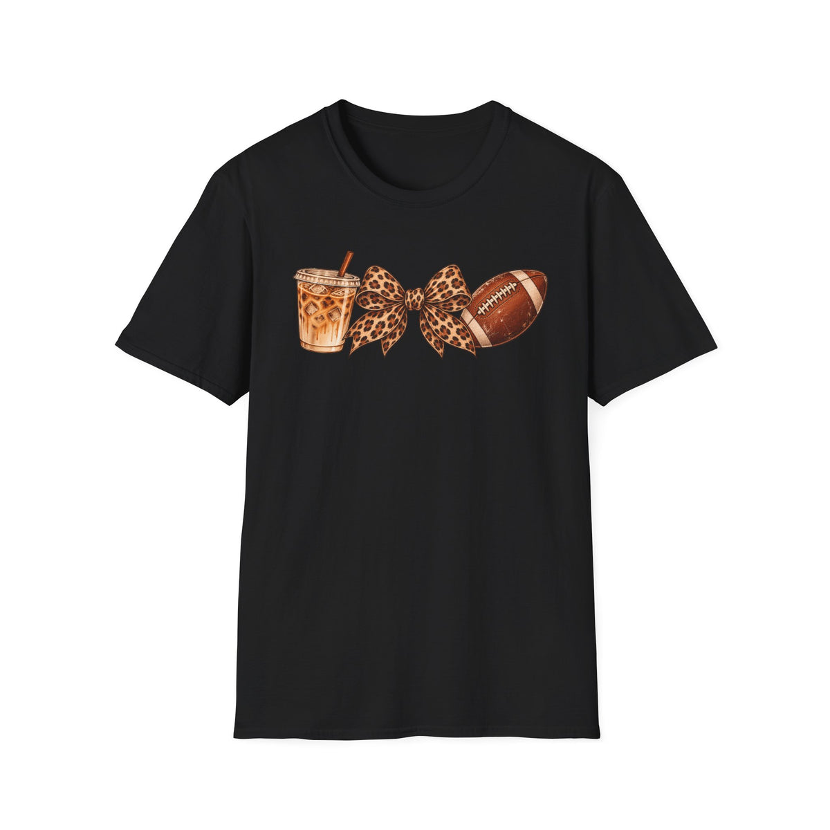 Iced Coffee, Leopard Bow & Football Graphic Tee — Game Day Mom Shirt