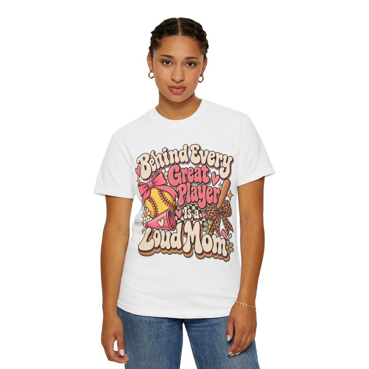 Softball Mom T-Shirt — "Behind Every Great Player Is a Proud Mom" Vintage Floral Design