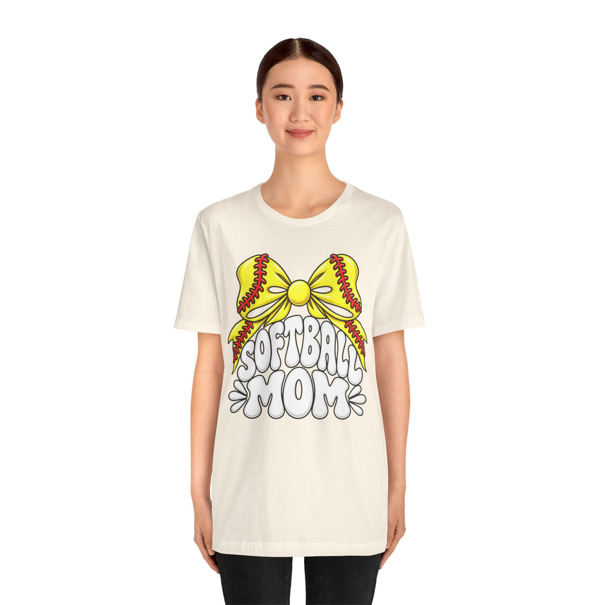 Softball Mom T-Shirt — Yellow Softball Bow Graphic Tee