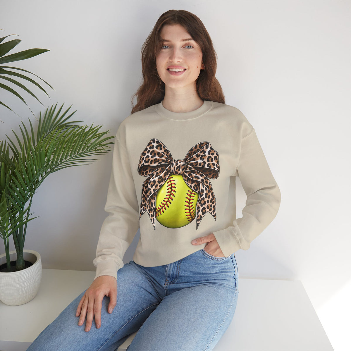 Softball Crewneck Sweatshirt with Leopard Bow Graphic