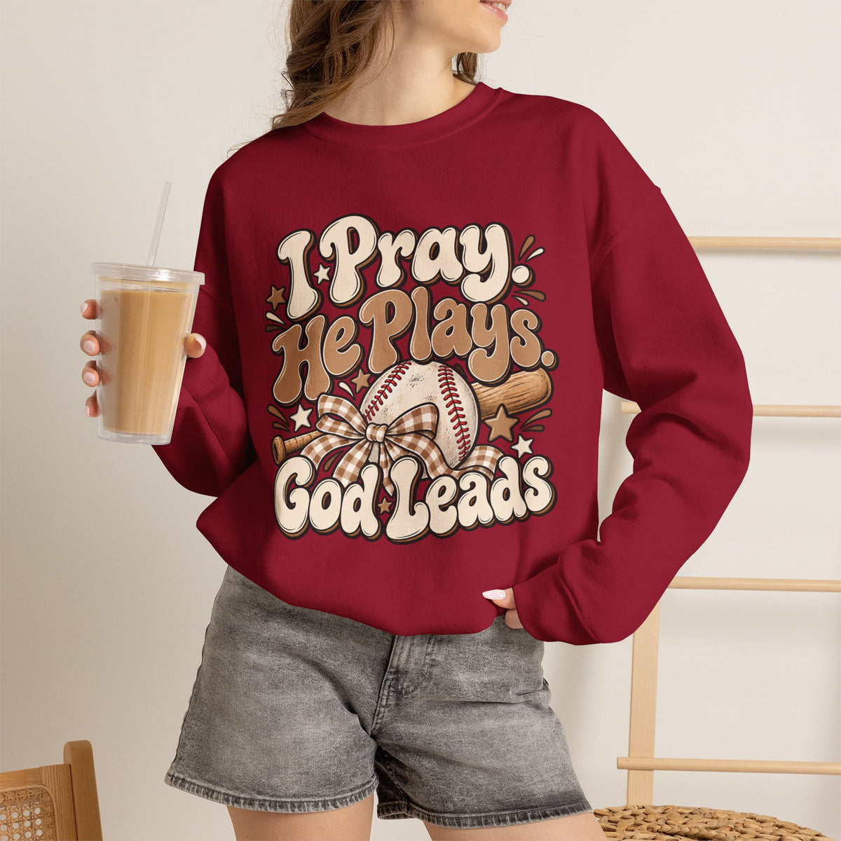 Prayerful Baseball Crewneck Sweatshirt — “I Pray, He Plays, God Leads”