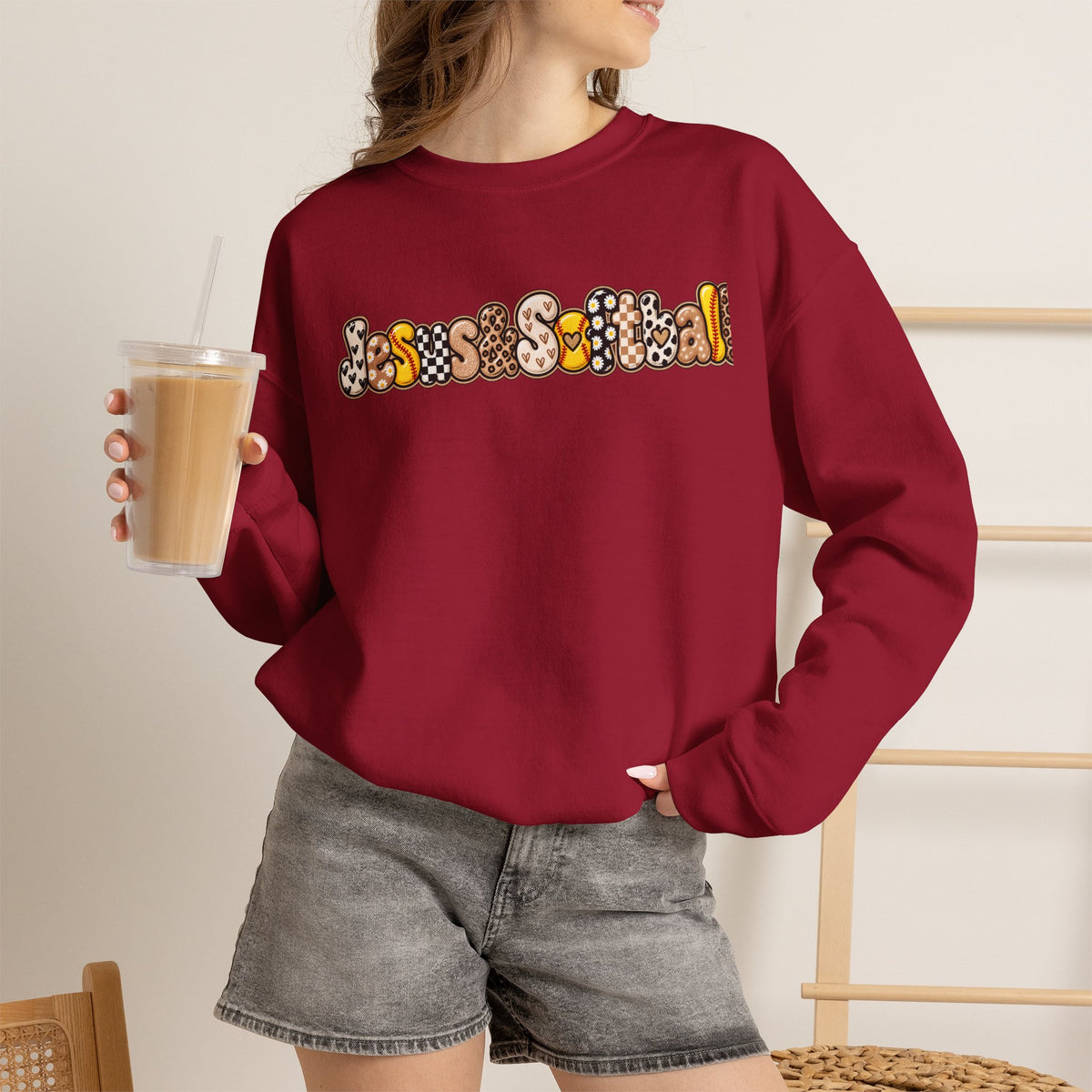 Jesus and Softball Cutsey Design Crewneck Sweatshirt