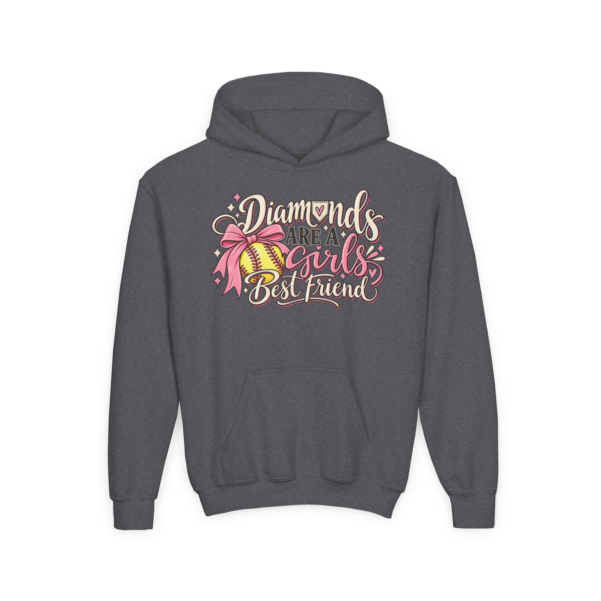 Youth Hoodie - "Diamonds Are A Girl's Best Friend" Softball Design (Pink Ribbon)