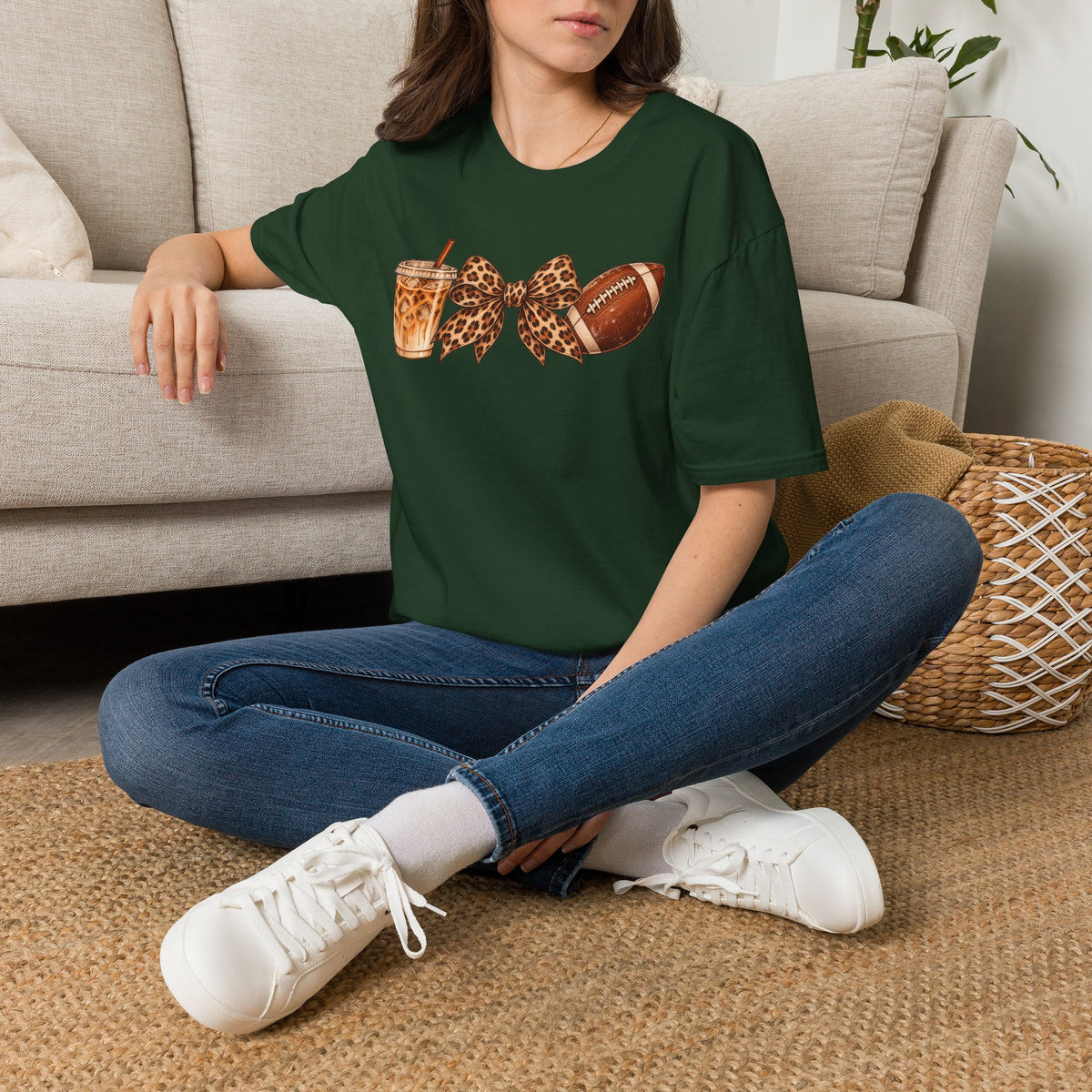 Iced Coffee, Leopard Bow & Football Graphic Tee — Game Day Mom Shirt