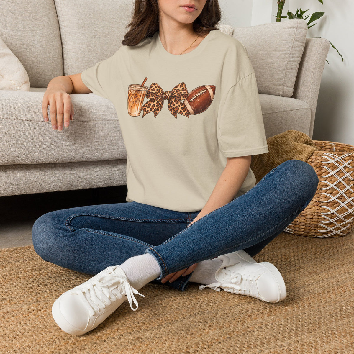 Iced Coffee, Leopard Bow & Football Graphic Tee — Game Day Mom Shirt