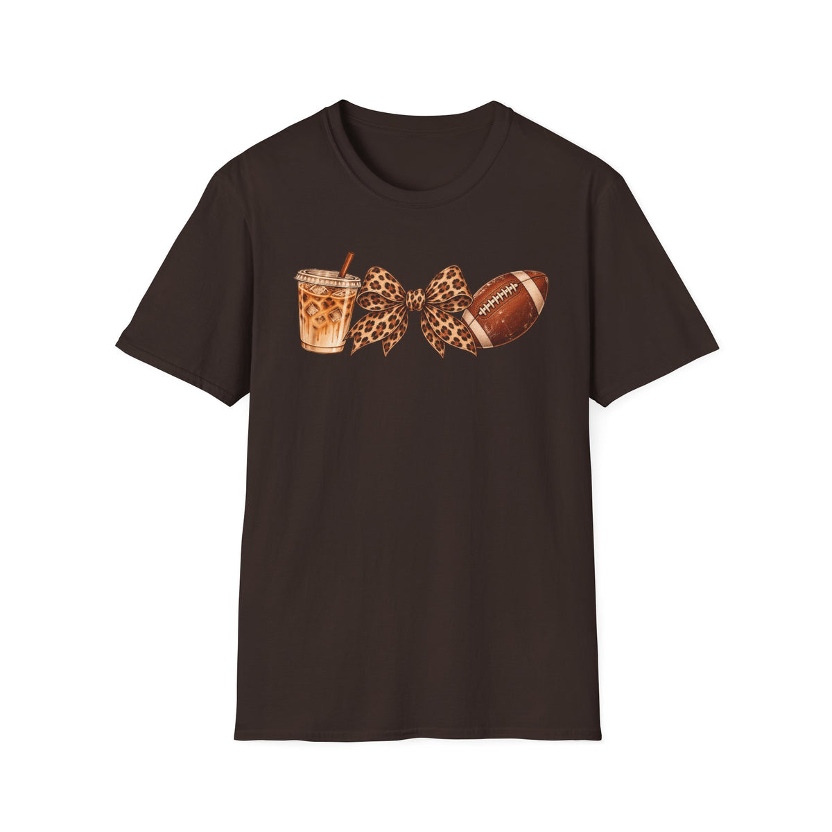 Iced Coffee, Leopard Bow & Football Graphic Tee — Game Day Mom Shirt