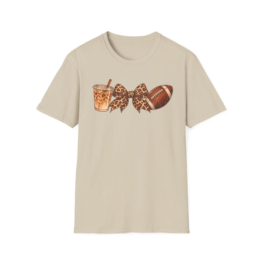 Iced Coffee, Leopard Bow & Football Graphic Tee — Game Day Mom Shirt