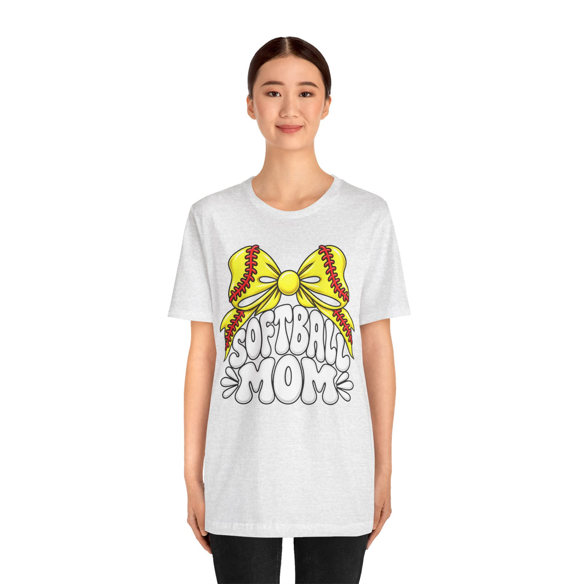 Softball Mom T-Shirt — Yellow Softball Bow Graphic Tee