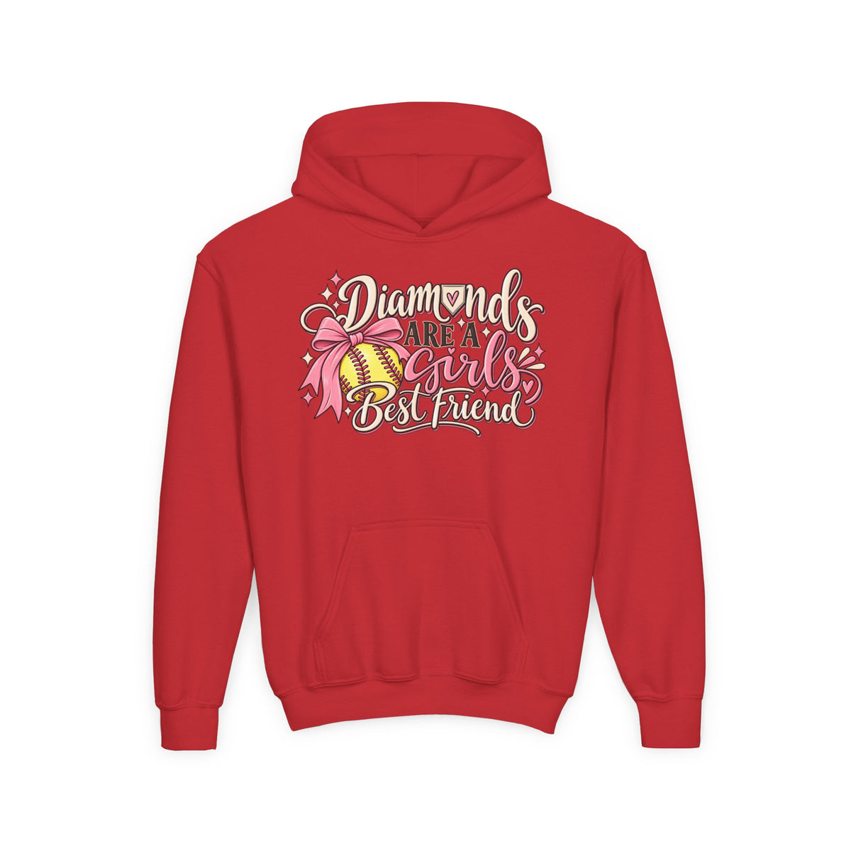 Youth Hoodie - "Diamonds Are A Girl's Best Friend" Softball Design (Pink Ribbon)