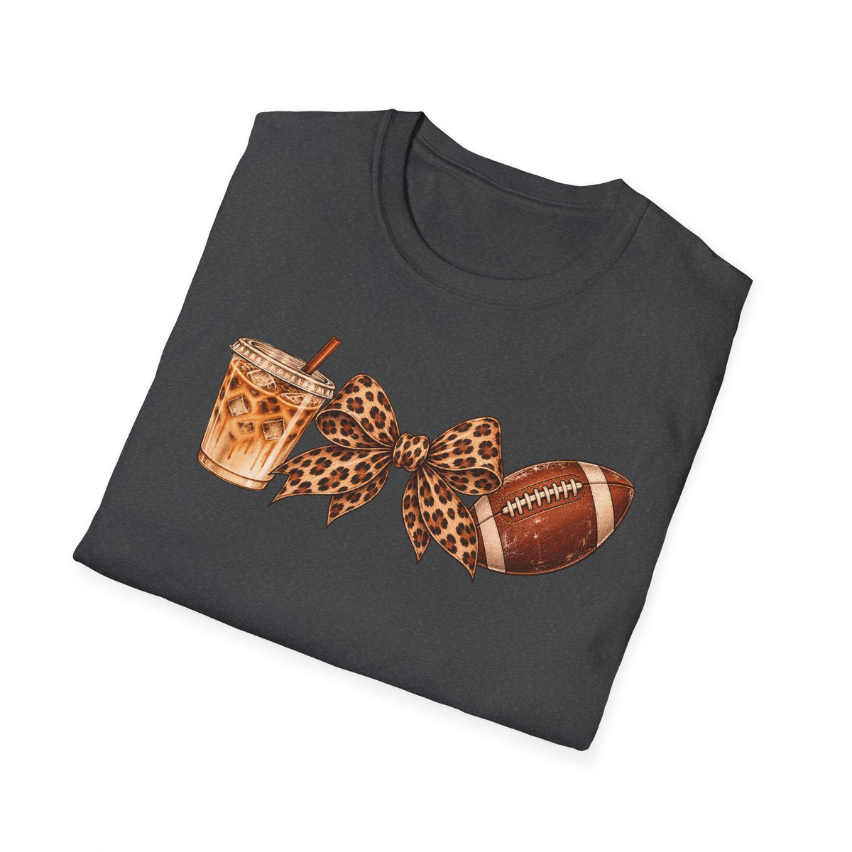 Iced Coffee, Leopard Bow & Football Graphic Tee — Game Day Mom Shirt